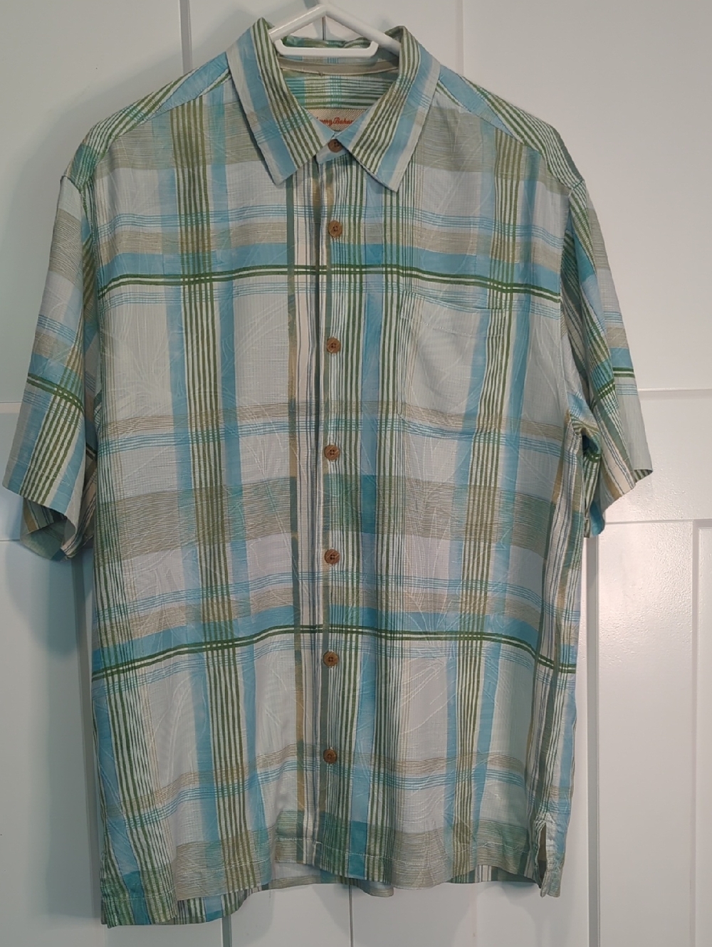 Tommy Bahama  Light Blue, Green and Cream Plaid Short-Sleeve Button-Up Size M